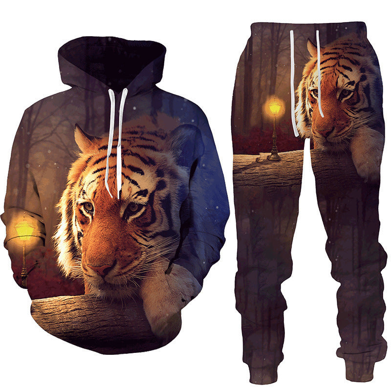 Amazon Aliexpress Cross-Border Best-Selling Spring New Wolf Series Pattern Digital Print Hooded Sweatshirt and Sweatpants