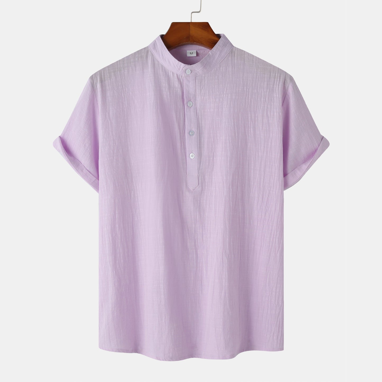 2024 Summer Amazon wish Explosions Cotton and Linen Shirt Men's European and American Cross-border Solid Color Vertical Collar Short-sleeved Shirt Men