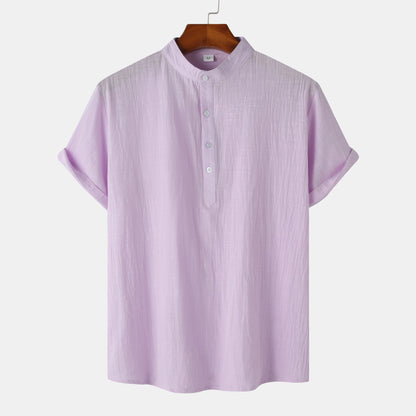 2024 Summer Amazon wish Explosions Cotton and Linen Shirt Men's European and American Cross-border Solid Color Vertical Collar Short-sleeved Shirt Men