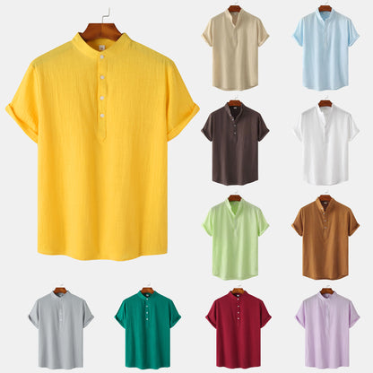2024 Summer Amazon wish Explosions Cotton and Linen Shirt Men's European and American Cross-border Solid Color Vertical Collar Short-sleeved Shirt Men