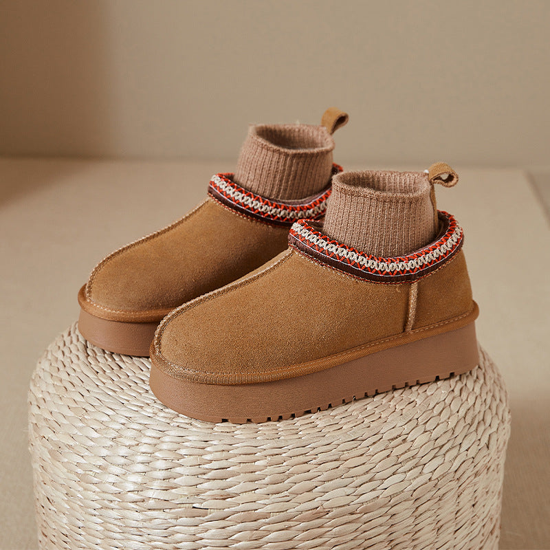 Ethnic Style Knitted Snow Boots for Women 2025 Winter New Fashion Plush Thickened Genuine Leather Thick-Soled Short Cotton Shoes Trendy