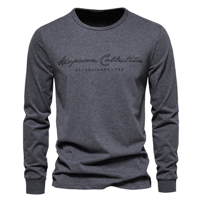 Printed Shirt European Size Round Neck Men's Long-Sleeved Bottoming Letter New Casual Sports Pure Color Cotton T-Shirt