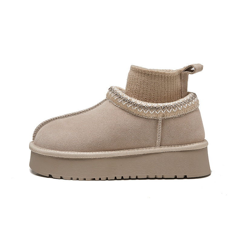 Ethnic Style Knitted Snow Boots for Women 2025 Winter New Fashion Plush Thickened Genuine Leather Thick-Soled Short Cotton Shoes Trendy