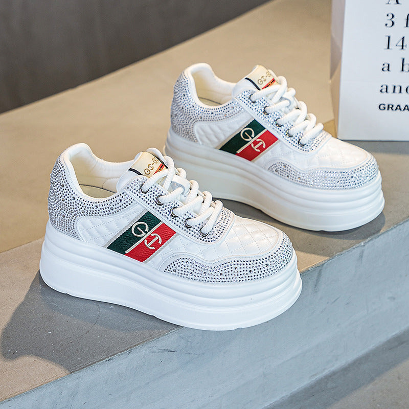 Winter New Thick Sole Height 7cm Fashion All-match Rhinestone Striped Chanel Style Casual Shoes Women's fleece-lined Sneakers