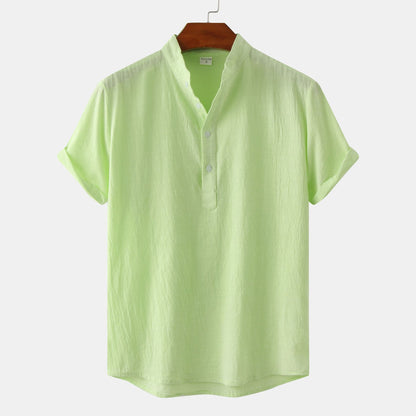 2024 Summer Amazon wish Explosions Cotton and Linen Shirt Men's European and American Cross-border Solid Color Vertical Collar Short-sleeved Shirt Men