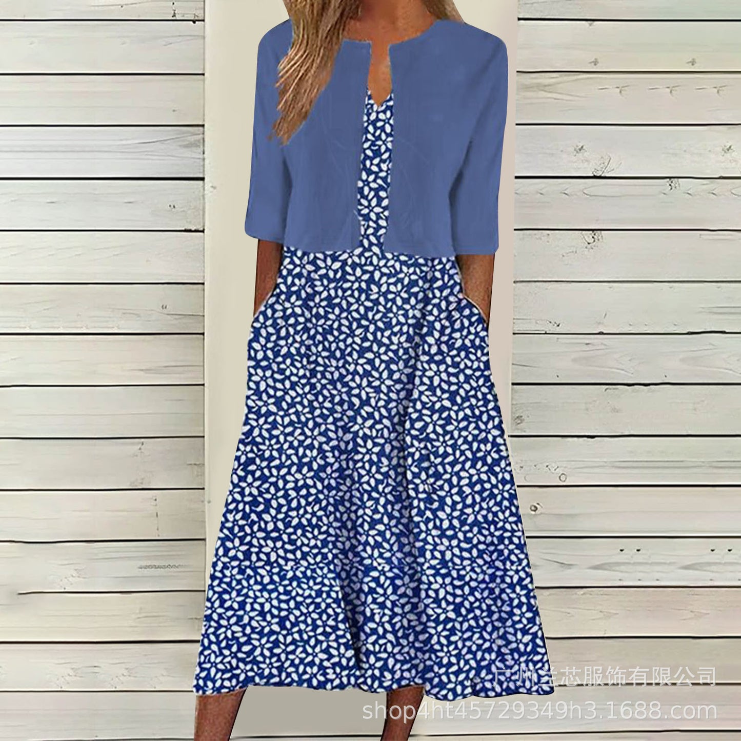【Code】Ethnic Style Elegant Floral Print Vest Dress Paired with a Mid-Sleeve Cardigan Two-Piece Set