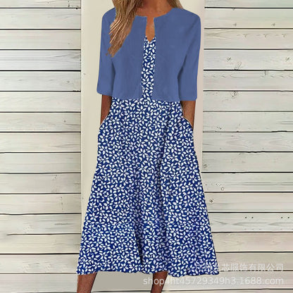 【Code】Ethnic Style Elegant Floral Print Vest Dress Paired with a Mid-Sleeve Cardigan Two-Piece Set