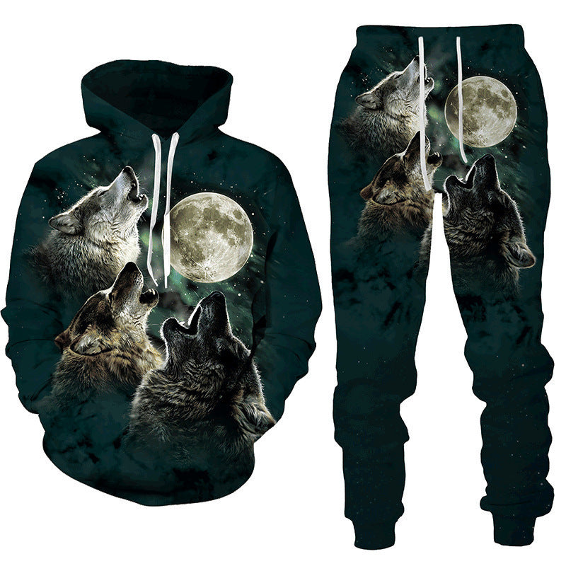 Amazon Aliexpress Cross-Border Best-Selling Spring New Wolf Series Pattern Digital Print Hooded Sweatshirt and Sweatpants
