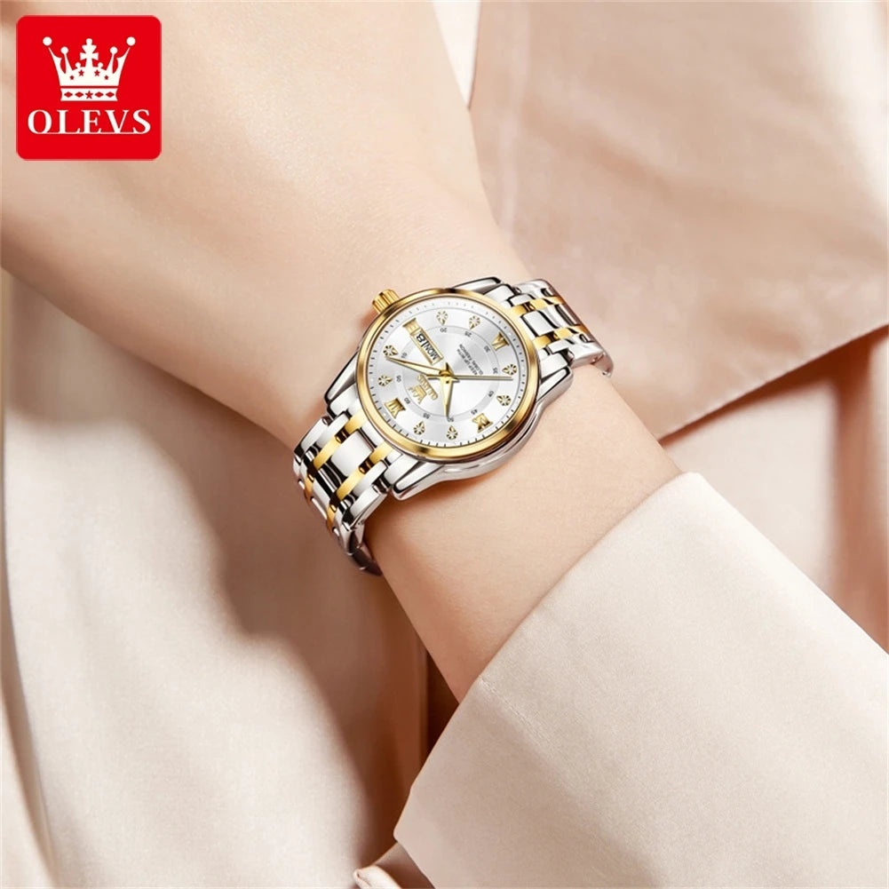 OLEVS Women's Watches Fashion Gold Original  Stainless Steel Waterproof Luminous Wrist Watch Date Classic Elegant Ladies Watch
