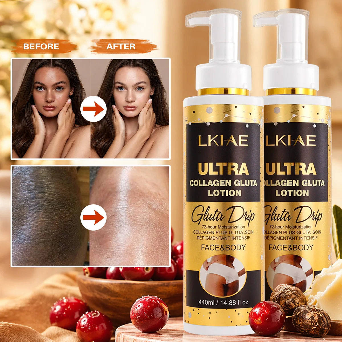 LKIAE Ultra Collagen and Glutathione Whitening Body Lotion, Deeply Moisturizing, Smooth, Soften Skin, Improve Rough Skin Cream