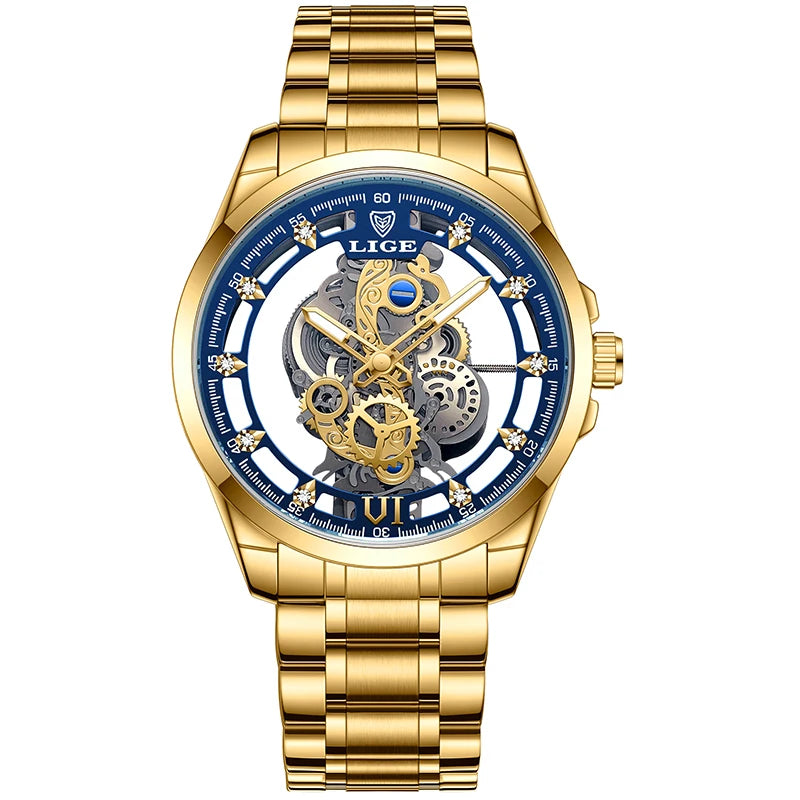 2025 LIGE Men Watch Skeleton Automatic Quartz Watch Gold Skeleton Vintage Man Watch Mens Watches Top Brand Luxury часы мужские