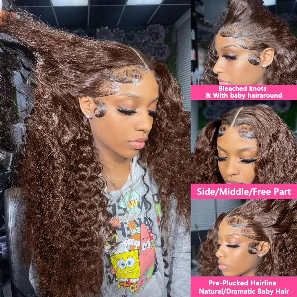 HD 13x4 Deep Curly Wigs Chocolate Brown Lace Front Human Hair Wig Colored 13x6 Water Wave Human Hair Lace Frontal Wig Woman Wigs