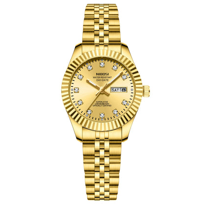 NIBOSI Fashion Women Watches Top Brand Luxury Diamond Ladies Quartz Watches Business Week Display Female Clock Wristwatch Reloj