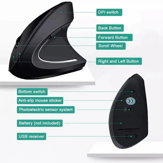 2.4GHz Wireless Vertical Mouse Ergonomic Optical Mice 3 Adjustable DPI 800/1200/1600 6 Buttons for Laptop PC Computer Desktop