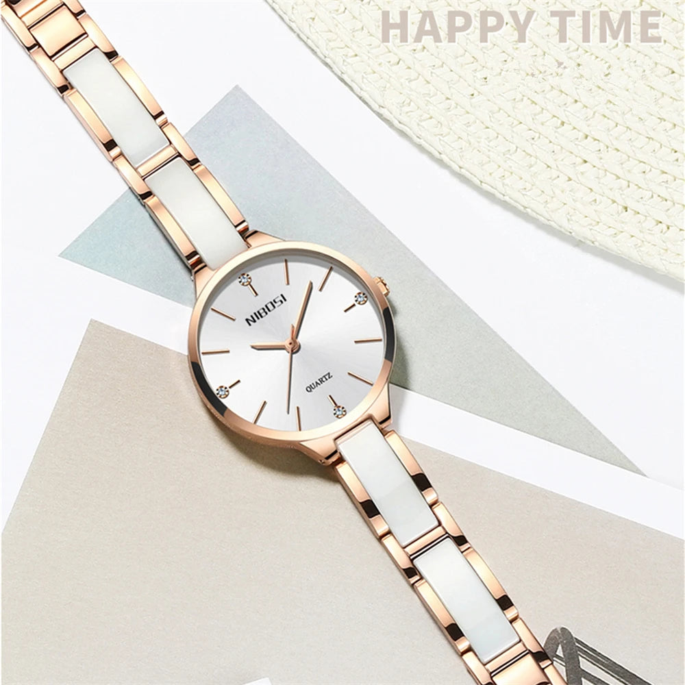 NIBOSI Fashion Women Watches Top Brand Luxury Ceramic Strap Rose Gold Watch Waterproof Ladies Quartz Wristwatch Relogio Feminino