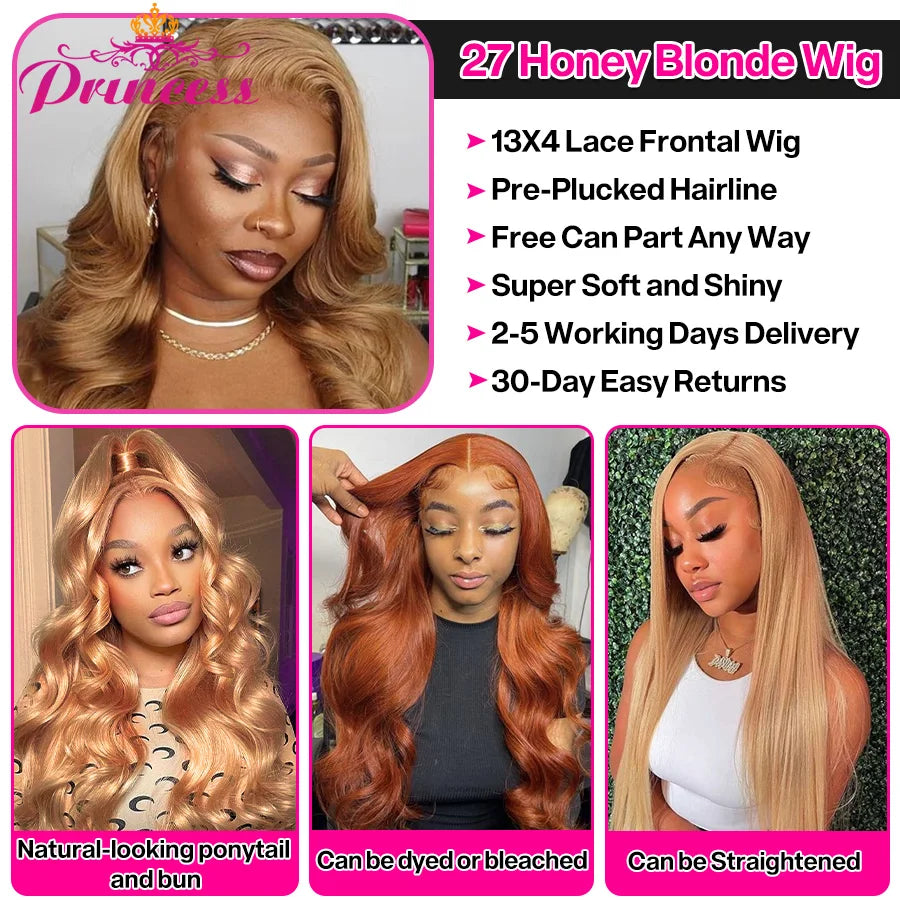 Princess Hair #27 Colored Honey Blonde Pre Plucked HD Transparent Human Hair Wig 13X4 Body Wave Lace Frontal Human Hair Wigs
