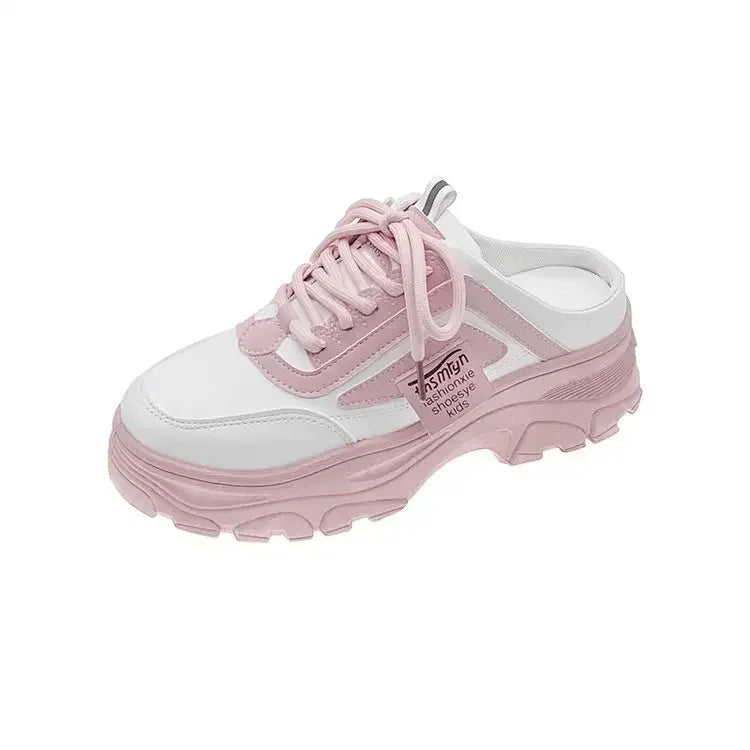 Women Half Slippers Pu Leather Flats Female Retro Low Top Sneakers Mesh Breathable Lazy Loafers Walking Outdoor Platform Shoes