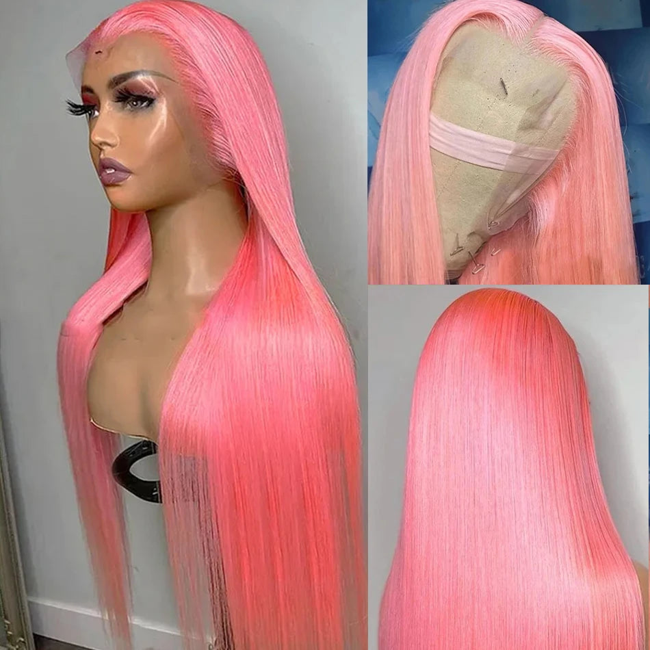 Bone Straight Pink 13x4 13x6 HD Transparent Lace Front Wigs Colored Pink Brazilian Hair Pre Plucked Human Hair Wigs For Women