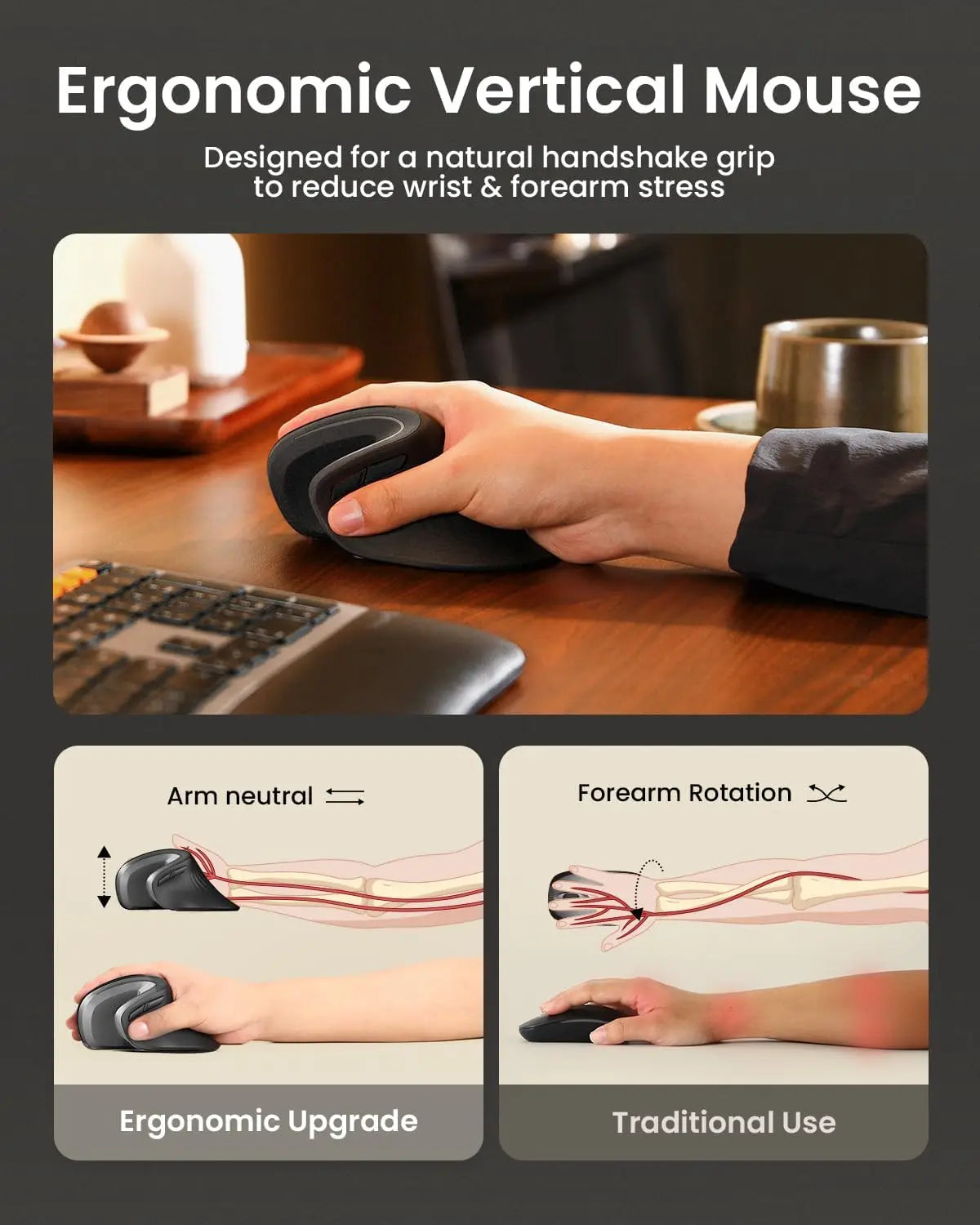 ProtoArc Ergonomic Mouse EM11 NL BT Rechargeable Wireless Vertical Mouse 2.4GHz Optical Mice for Windows, Mac OS