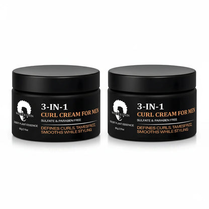 Men's 3-in-1 Curl Cream with Collagen & Coconut Oil - Defines Curls, Tames Frizz, Smooths Styling, Sulfate & Paraben Free 60g