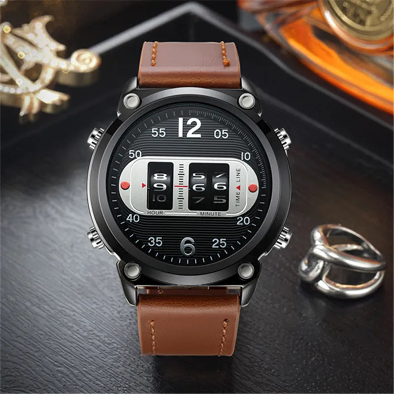 Men Unique Designer Watches Fashion Leather Band Tire Simple Army Sports Vintahe Quartz Watch Black Montres de Marque de Luxe