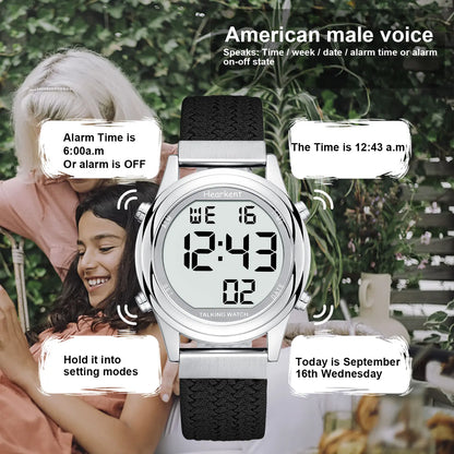 Hearkent Talking Watch Clock for Blind Women Digital Watch Casual Wristwatch Alarm English/German/Spanish/French Speaking Watch