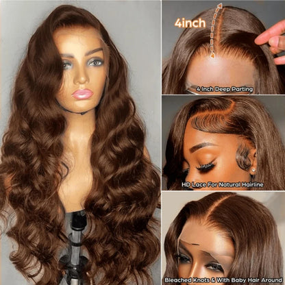 Body Wave 34 Inch 13x4 Chocolate Brown HD Lace Front Wigs Human Hair Brazilian Colored 13X4 Transparent Lace Front Wig Body Wave