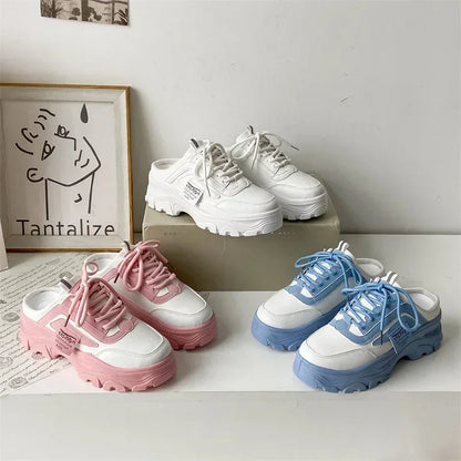 Women Half Slippers Pu Leather Flats Female Retro Low Top Sneakers Mesh Breathable Lazy Loafers Walking Outdoor Platform Shoes