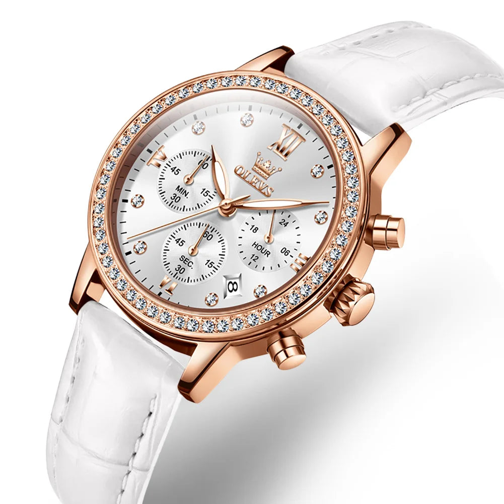 OLEVS Fashion Diamond Watches For Women Luxury Brand Rose Gold Case Ladies Quartz Watch White Leather Strap reloj para mujer
