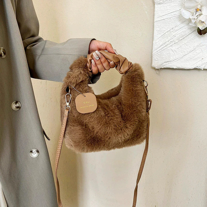 Luxury Designer Winter Plush Shoulder Bag for Women Soft Ladies Clutch Purse Cute Fashion Party Underarm Handbag
