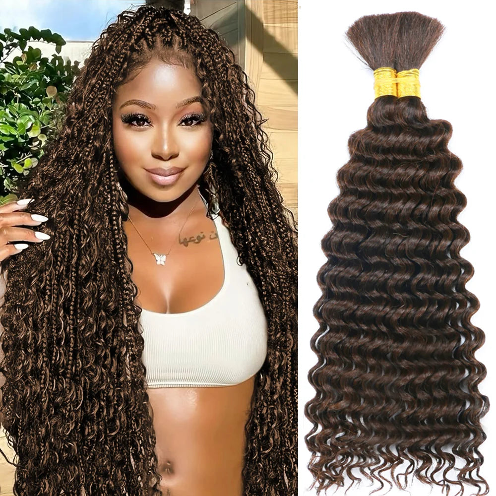 Human Braiding Hair Chocolate Brown 100g Deep Wave Bulk No Weft Human Hair Wigs Bundles for Curly Boho Braiding