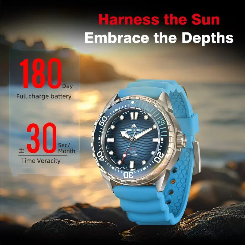 NORTH EDGE NEW+ TRITON Solar-Powered Diving Watch Luxury Quartz Watches For Men 300M Waterproof 180+ Day Power