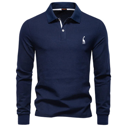 2025 Autumn New Men's Deer Embroidery Cotton Rich Blend Breathable Polo Shirts Long Sleeve Social Business Golf Polo Shirts Male