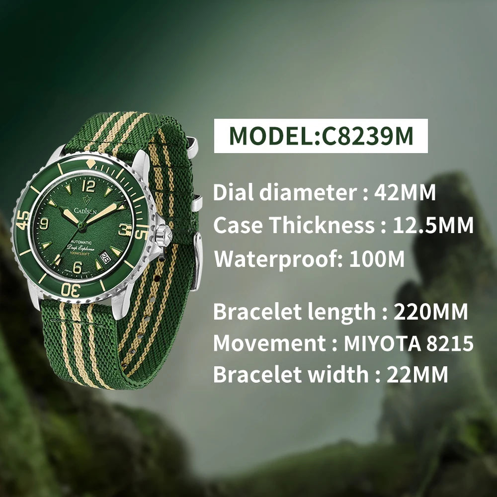CADISEN Deep Explorer 2026 Green Automatic Mechanical Watch Man Canvas Strap Wristwatch 8215 Luxury Luminous Waterproof Watches