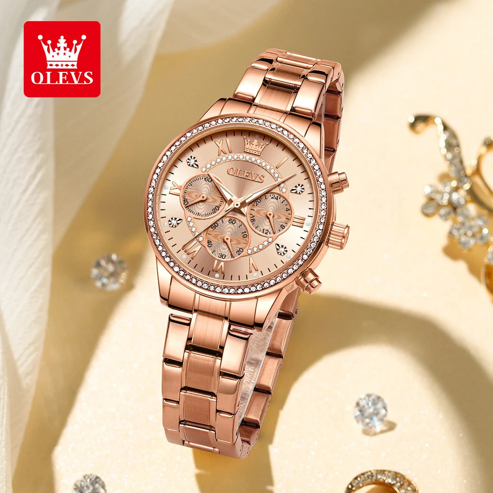 OLEVS TY715 Exlusive Women's Watches Elegant Rose Gold Luxury Steel Strap Chronograph Watch for Women Original Quartz Wristwatch