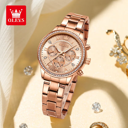 OLEVS TY715 Exlusive Women's Watches Elegant Rose Gold Luxury Steel Strap Chronograph Watch for Women Original Quartz Wristwatch