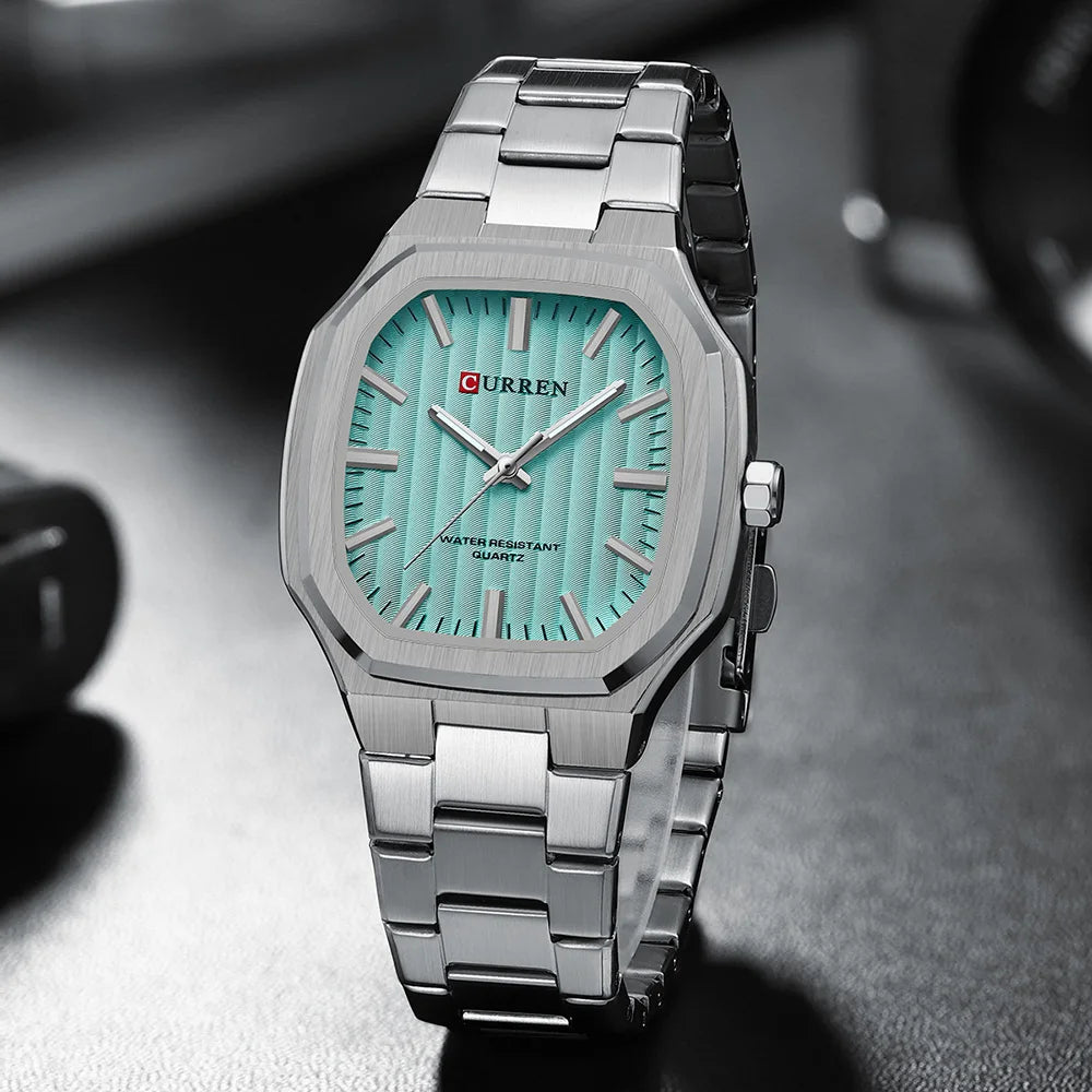 CURREN Luxury Business Square Quartz Watches  Classic Stripe Design Dial with Stainless Steel Band Wristwatch for Men