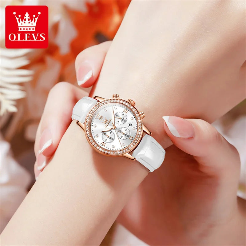 OLEVS Fashion Diamond Watches For Women Luxury Brand Rose Gold Case Ladies Quartz Watch White Leather Strap reloj para mujer