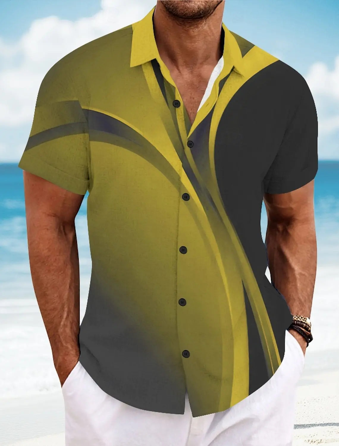 Summer Men's Geometric Grid  Plaid Shirts Short SleeveTurndown Hawaiian Shirt Button Up Shirts No Pockets Shirts