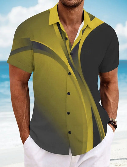 Summer Men's Geometric Grid  Plaid Shirts Short SleeveTurndown Hawaiian Shirt Button Up Shirts No Pockets Shirts