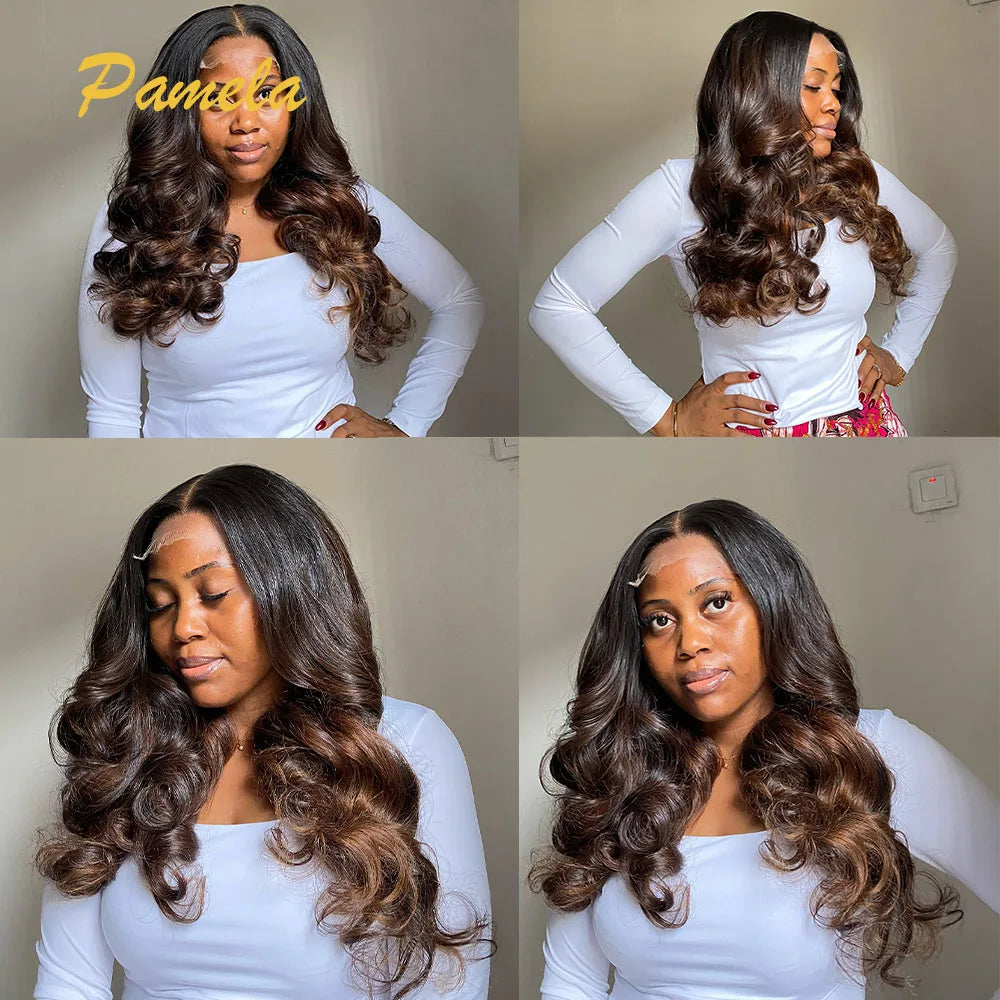 Ombre 1B/4 Brown Colored 250% High Density Loose Wave Lace Front Wig 13x4 HD Transparent Lace Frontal Human Hair Wig For Women