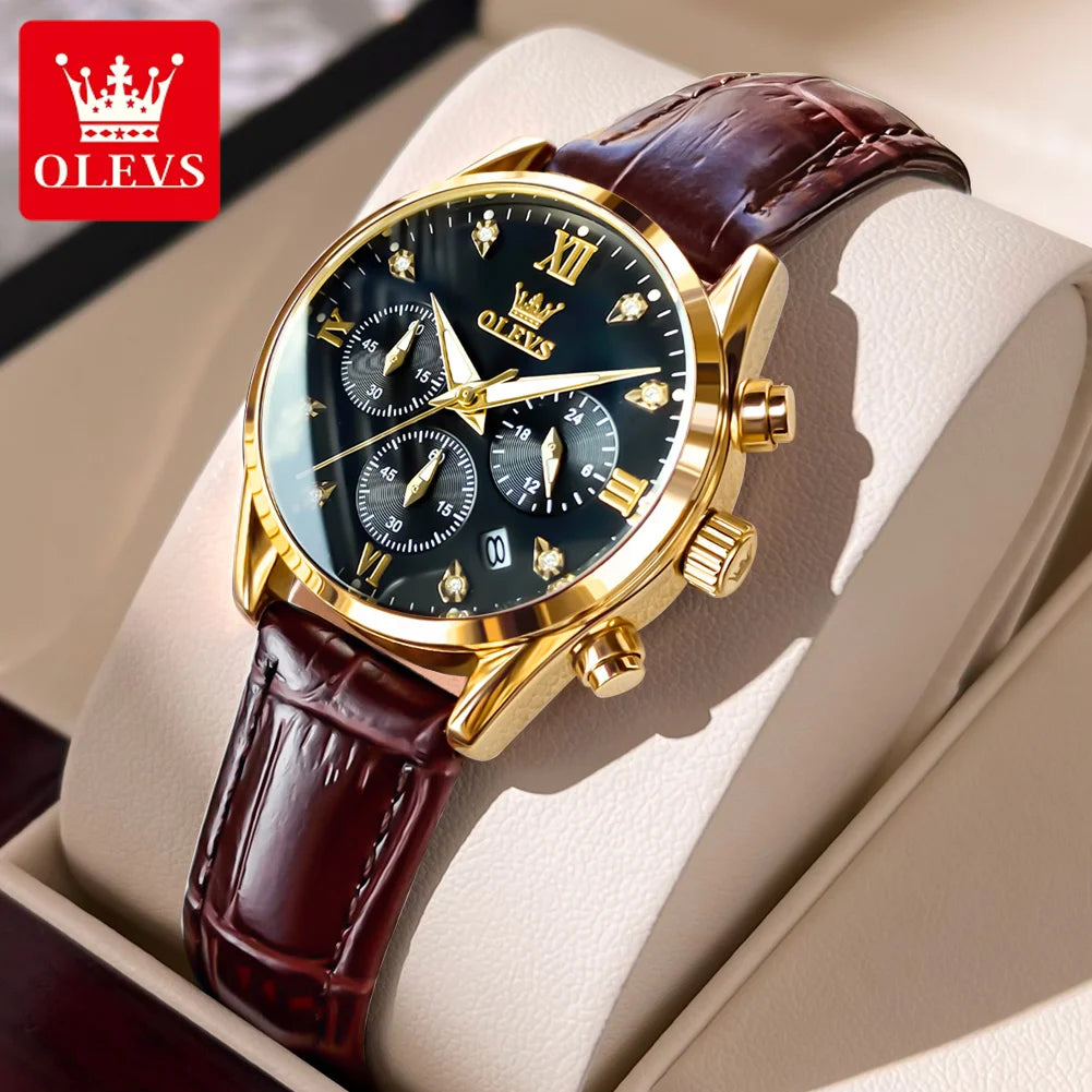 OLEVS Quartz Women's Watch Multifunctional Chronograph Waterproof Luminous Leather Strap Waterproof Luxury Elegant Ladies Watch