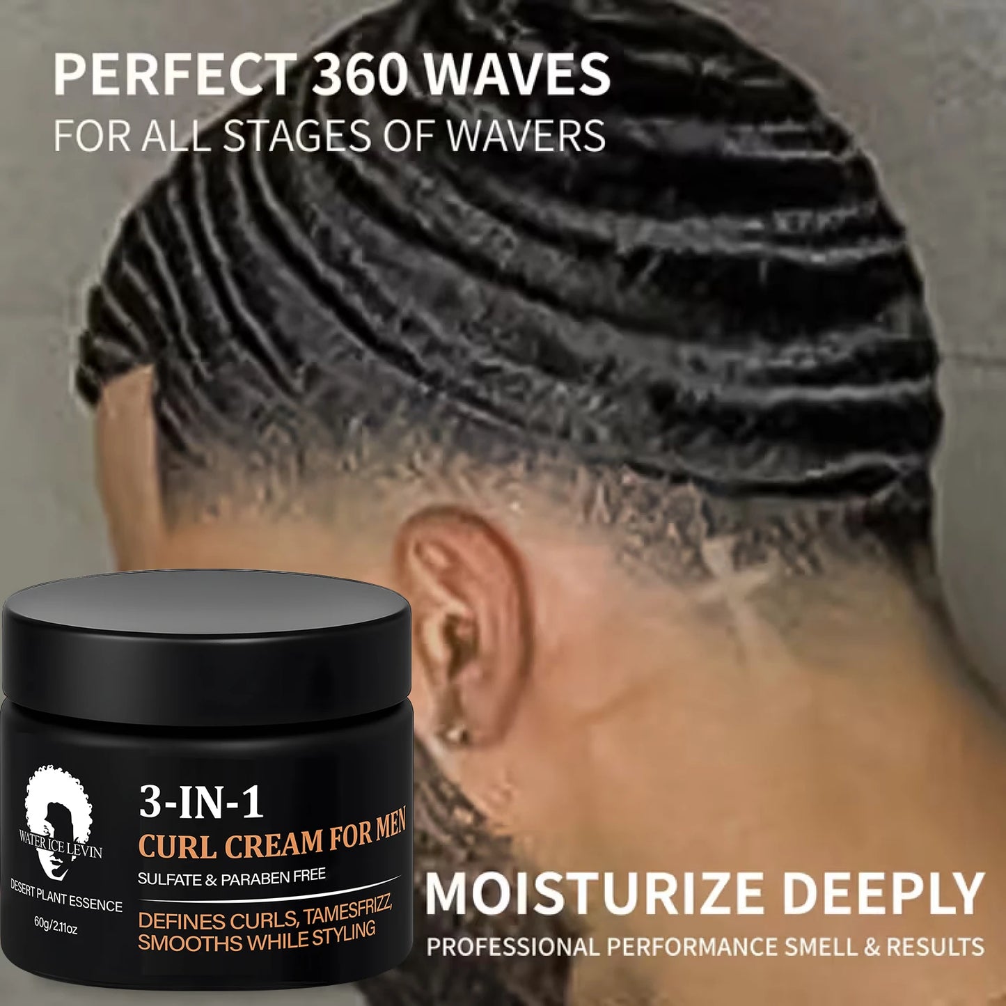 Men's 3-in-1 Curl Cream with Collagen & Coconut Oil - Defines Curls, Tames Frizz, Smooths Styling, Sulfate & Paraben Free 60g