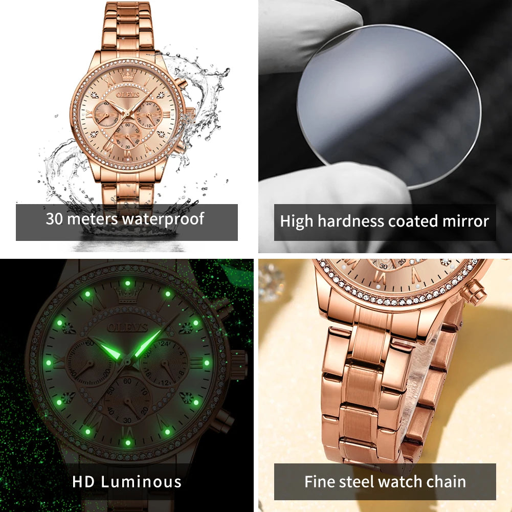 OLEVS TY715 Exlusive Women's Watches Elegant Rose Gold Luxury Steel Strap Chronograph Watch for Women Original Quartz Wristwatch