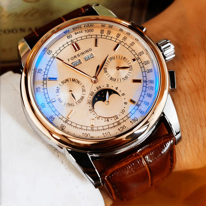 Forsining Retro Mechancial Watches Moon Phase Shanghai Movement Rose Gold Case Brown Leather Strap Luxury Automatic Mens Watch