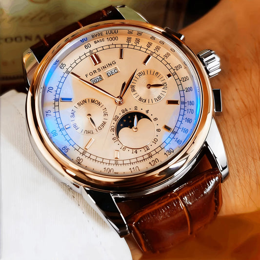 Forsining Retro Mechancial Watches Moon Phase Shanghai Movement Rose Gold Case Brown Leather Strap Luxury Automatic Mens Watch