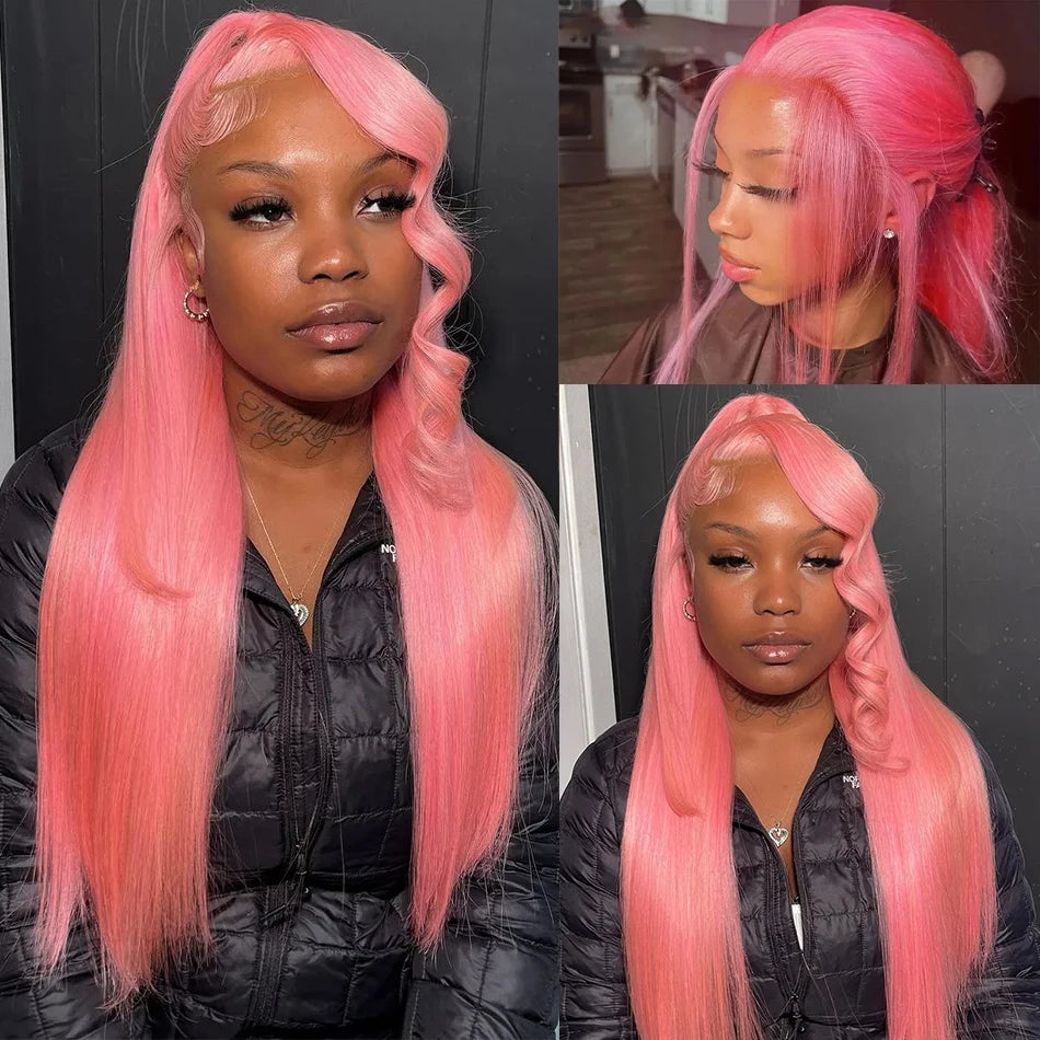 Bone Straight Pink 13x4 13x6 HD Transparent Lace Front Wigs Colored Pink Brazilian Hair Pre Plucked Human Hair Wigs For Women