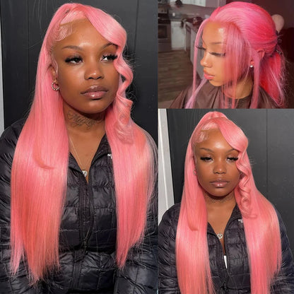 Bone Straight Pink 13x4 13x6 HD Transparent Lace Front Wigs Colored Pink Brazilian Hair Pre Plucked Human Hair Wigs For Women