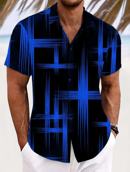 Summer Men's Geometric Grid  Plaid Shirts Short SleeveTurndown Hawaiian Shirt Button Up Shirts No Pockets Shirts