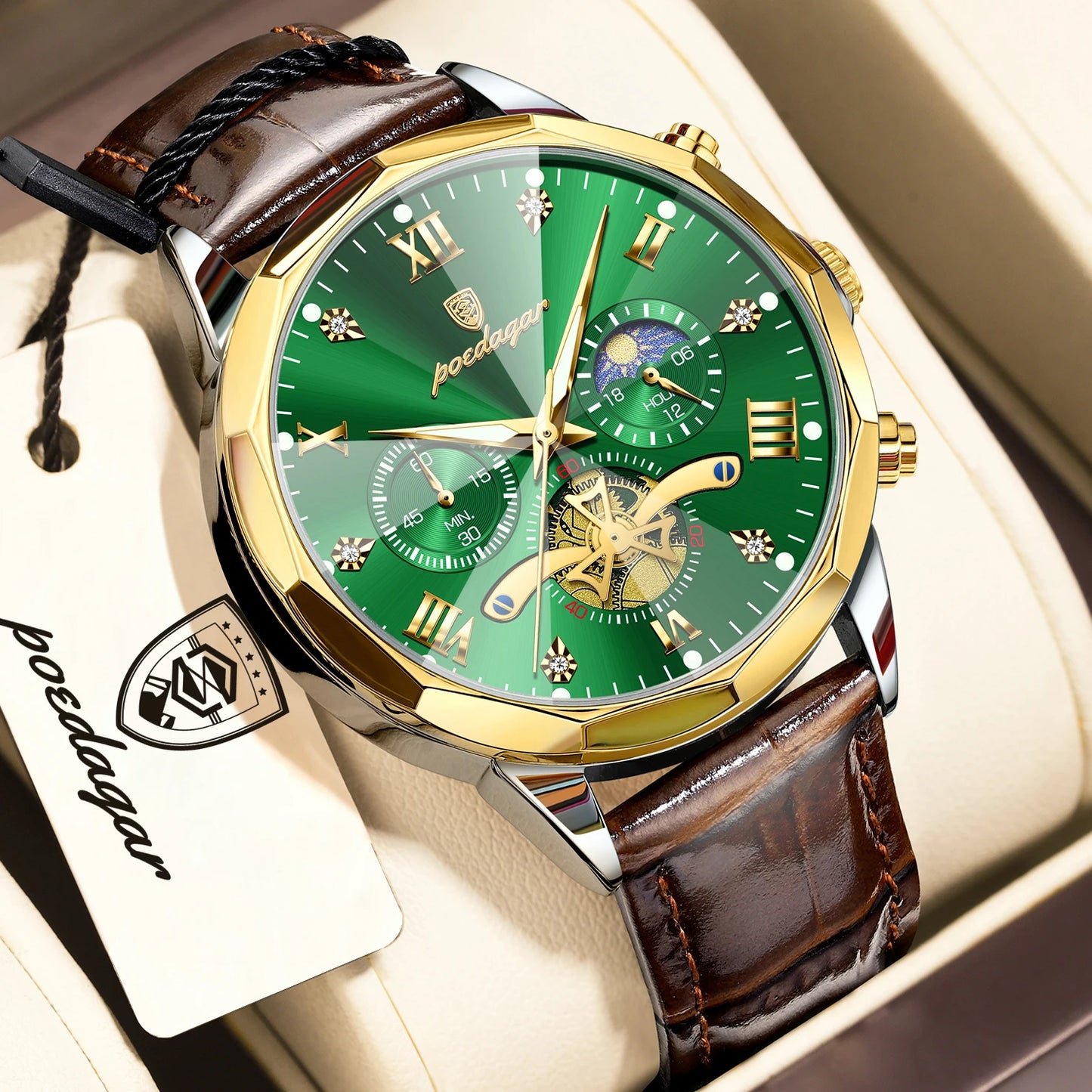 POEDAGAR Luxury Classic Men Clock Waterproof Luminous Chronograph Fashion Man Watch Leather Quartz Casual Business Men's Watches